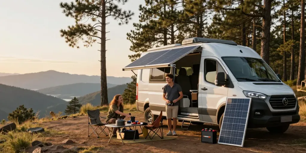Couple setting up camper van with RV lithium battery for off-grid travel