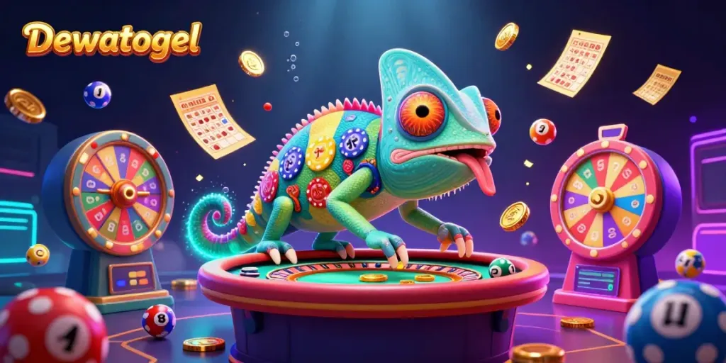 Dewatogel showcases a vibrant 3D casino scene filled with colorful lottery balls and a chameleon owner.
