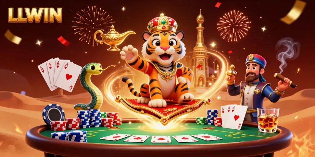 Experience the excitement of LLWIN with a vibrant 3D casino scene featuring a tiger sultan, poker chips, and magical elements.
