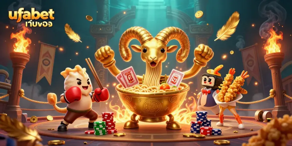 Engage with ufabet เว็บตรง in a vibrant 3D casino illustration featuring dynamic gambling characters and action.