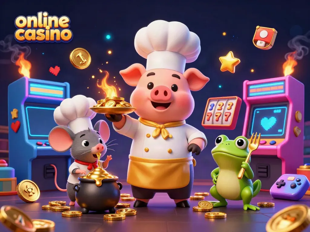 Experience the excitement of this vibrant online casino scene featuring a chef pig serving gold coins.