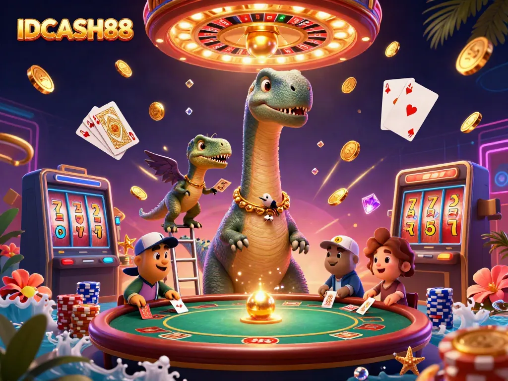 Experience dynamic fun at IDCASH88 with a brontosaurus and raptor amid casino action and vibrant colors.