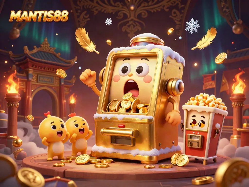 MANTIS88 slot machine celebrates a jackpot, surrounded by cheering baby machines and golden tokens.