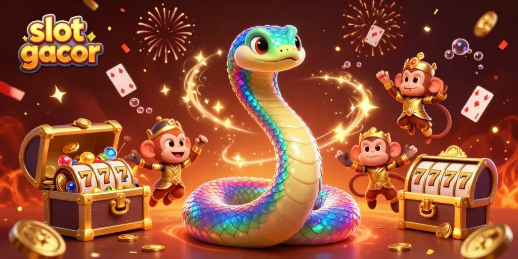 Engage with slot gacor dynamics as a vibrant rainbow serpent coils around a golden pillar