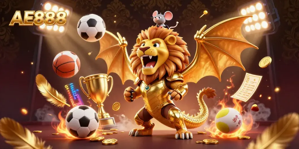 Engage with thrilling sports action featuring AE888 and a triumphant chimera in golden armor.