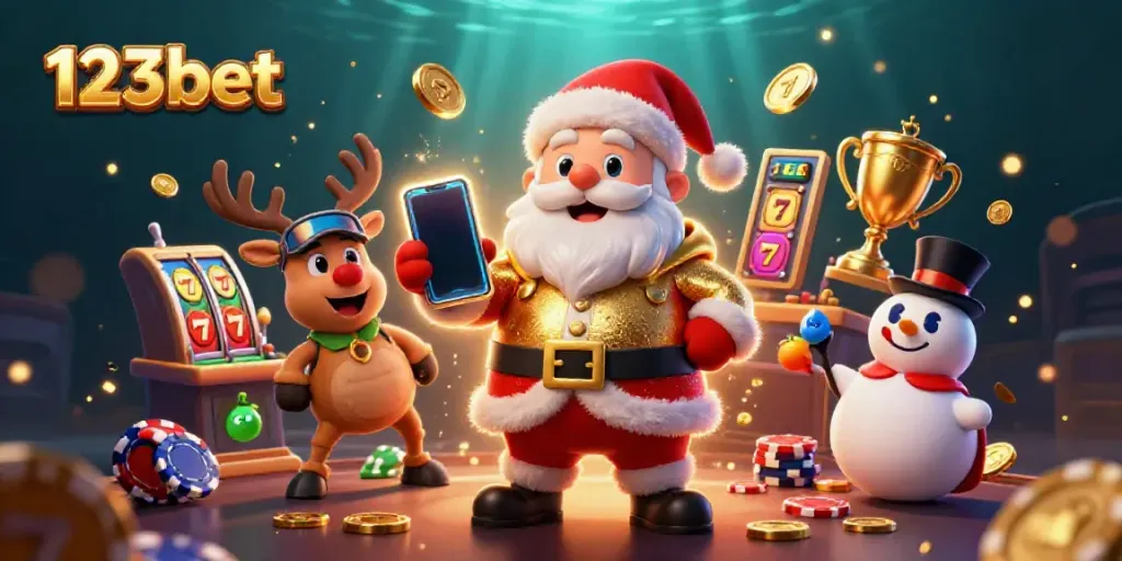 Santa Claus celebrates winnings with 123bet at a lively casino with colorful slot elements.