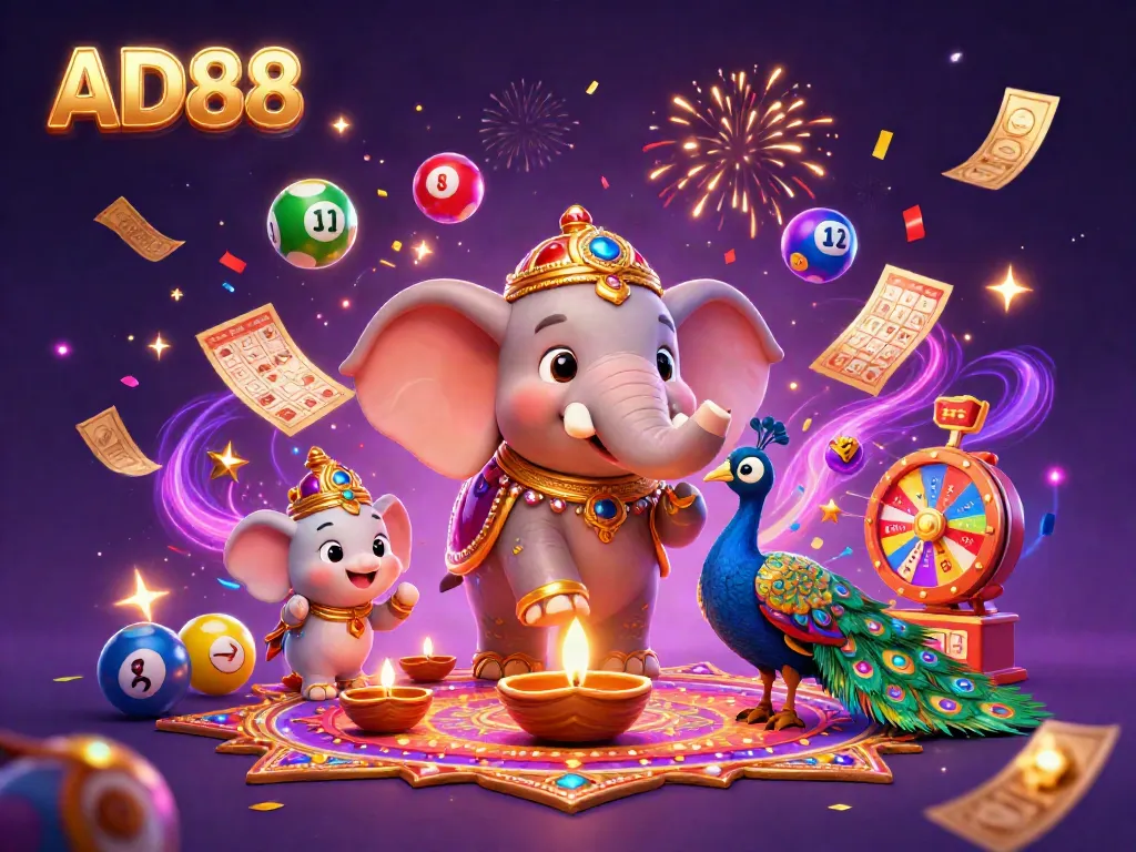 Experience the excitement of AD88 with vibrant lottery balls and a magical casino scene.