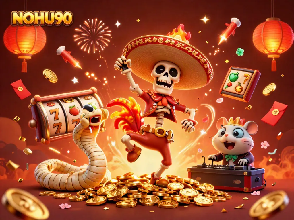 Join the festive NOHU90 celebration with a dancing mariachi rooster and vibrant casino elements!