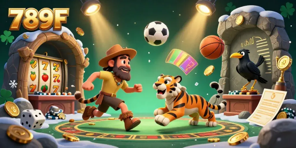 Engage in 789F's thrilling prehistoric casino with caveman and sabertooth, showcasing vibrant gaming elements.