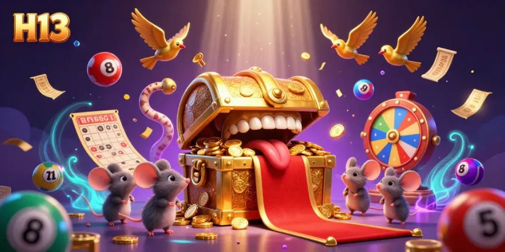 Experience H13 gaming excitement with a treasure chest and vibrant lottery elements in a magical casino scene.