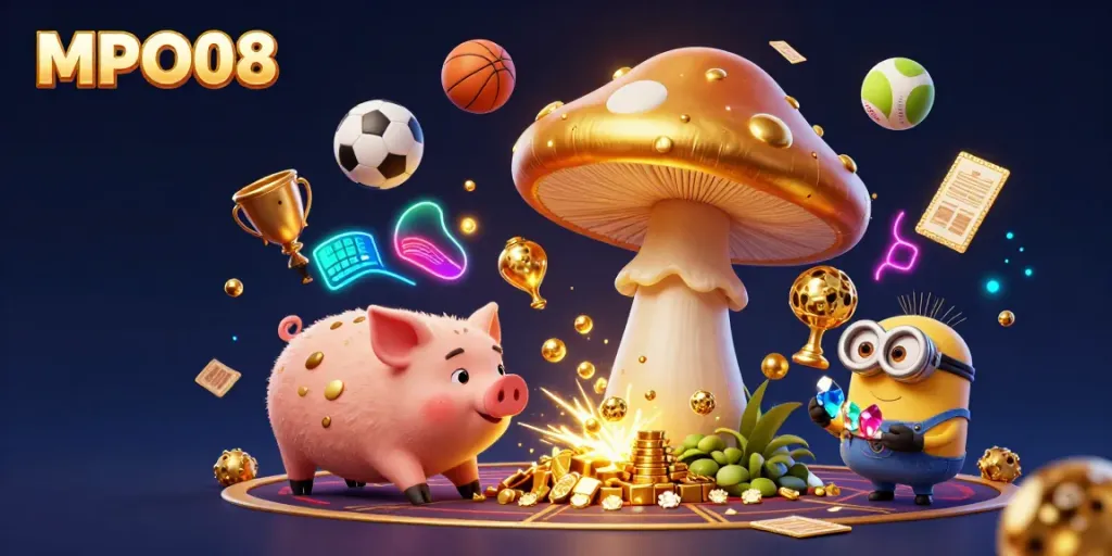 MPO08 casino illustration showcasing the golden mushroom wizard amidst sports elements and treasures.