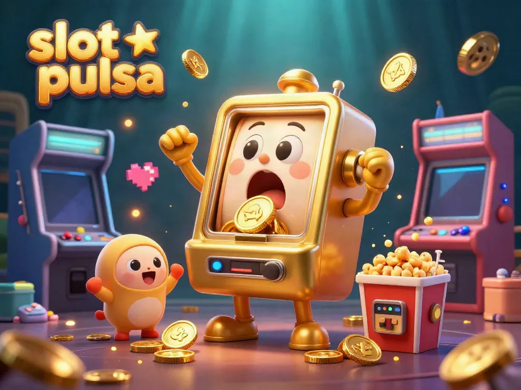Slot pulsa menghasilkan jackpot di mesin slot berwarna emas, dengan koin berhamburan dan mesin slot kecil bersorak.
