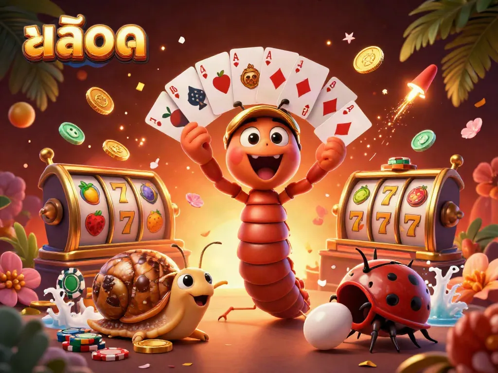 Engage in thrilling สล็อตทดลอง gameplay with dynamic millipede dealer and high-roller snail at an electrifying casino scene.