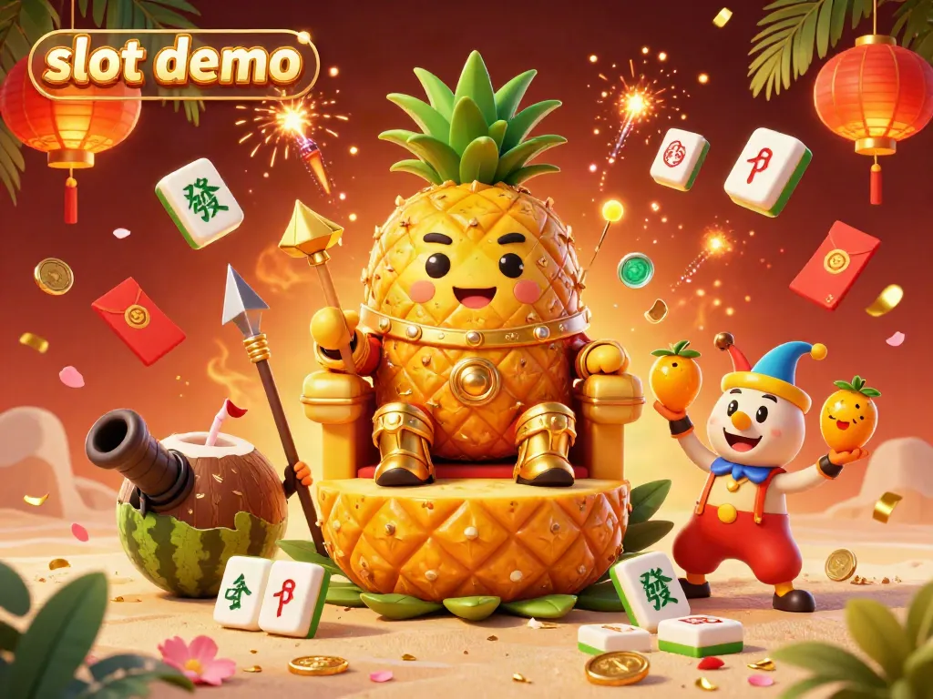 Engage with slot demo games in this vibrant 3D casino scene featuring a golden pineapple king and tropical elements.
