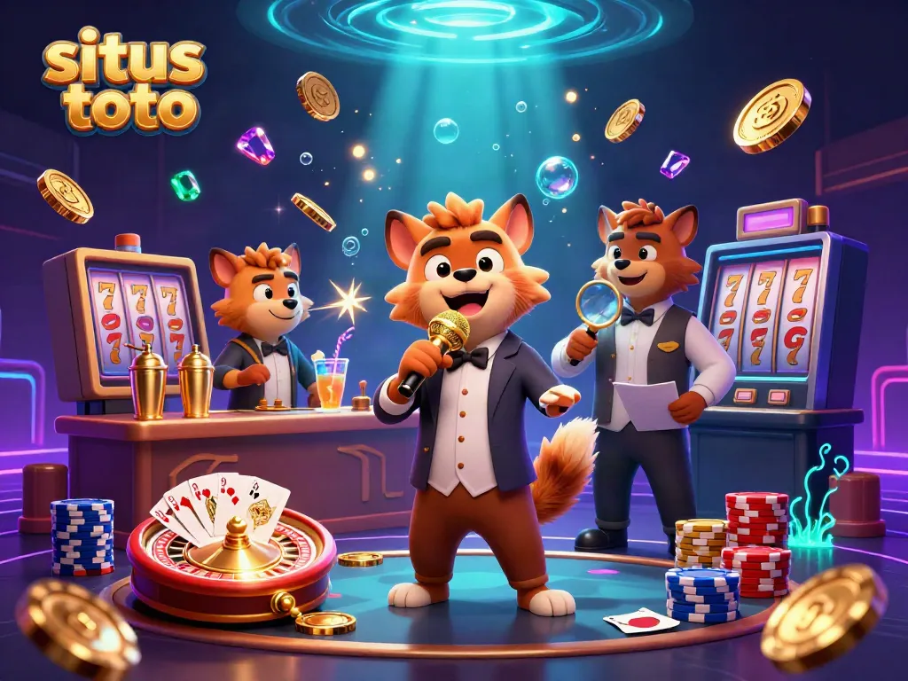 Play games at situs toto with a lively comedy casino scene featuring hyenas and dynamic gambling elements.