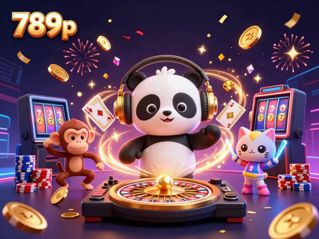 Catch the excitement of 789p with a DJ panda, dancing monkey, and glow-stick kitten in a lively casino scene.
