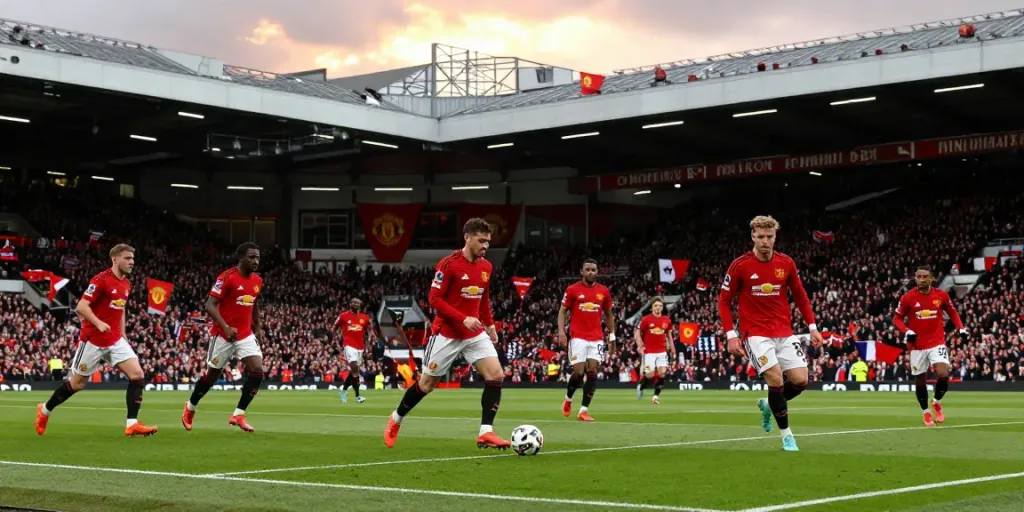 แมนยู กับ ลิเวอร์พูล face off in an intense match with passionate fans cheering in the background.