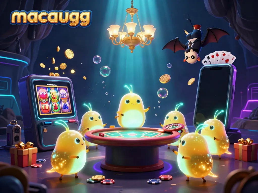 Experience the vibrant world of macaugg slots with glowworms illuminating a dynamic casino scene.