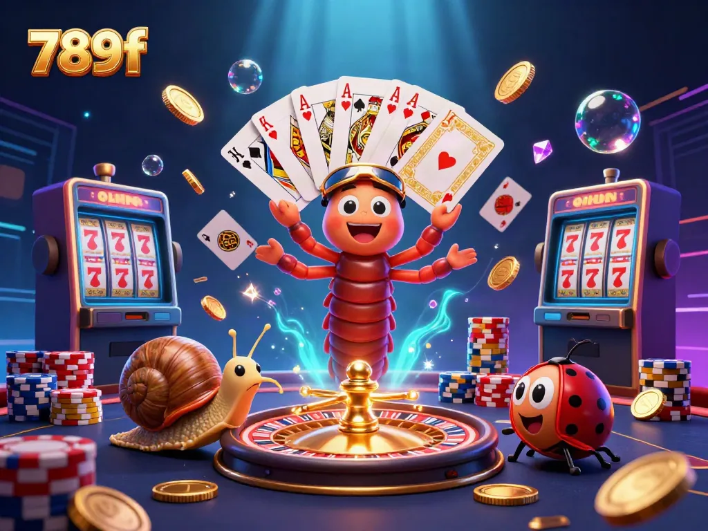 Capture the vibrant excitement of 789f's dynamic gaming scene with colorful characters and casino elements.