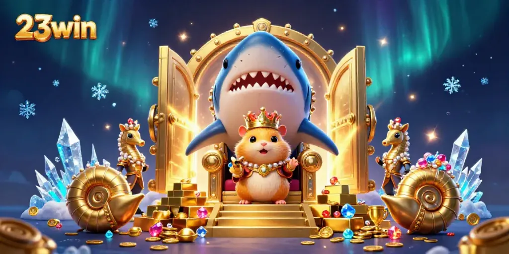 Experience the exhilarating world of 23win with a golden hamster king surrounded by treasures in this vibrant casino scene.