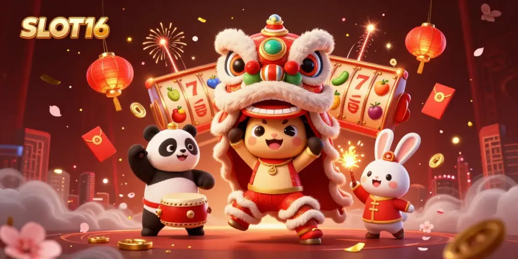 SLOT16 brings excitement with spinning slot reels, a lively lion dance, and vibrant decorations in an engaging illustration.