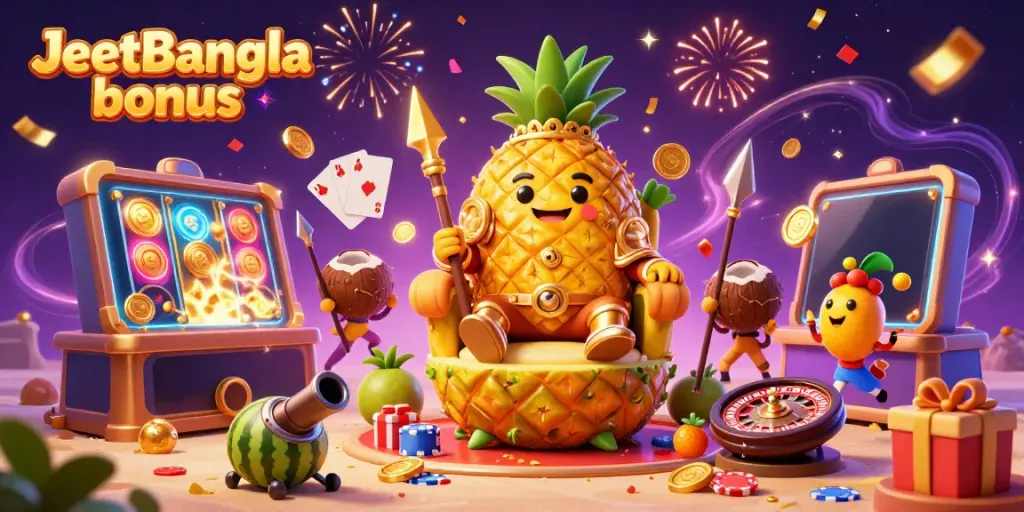 Experience the excitement of JeetBangla bonus rewards with a vibrant 3D casino scene showcasing colorful characters and thrilling gaming elements.