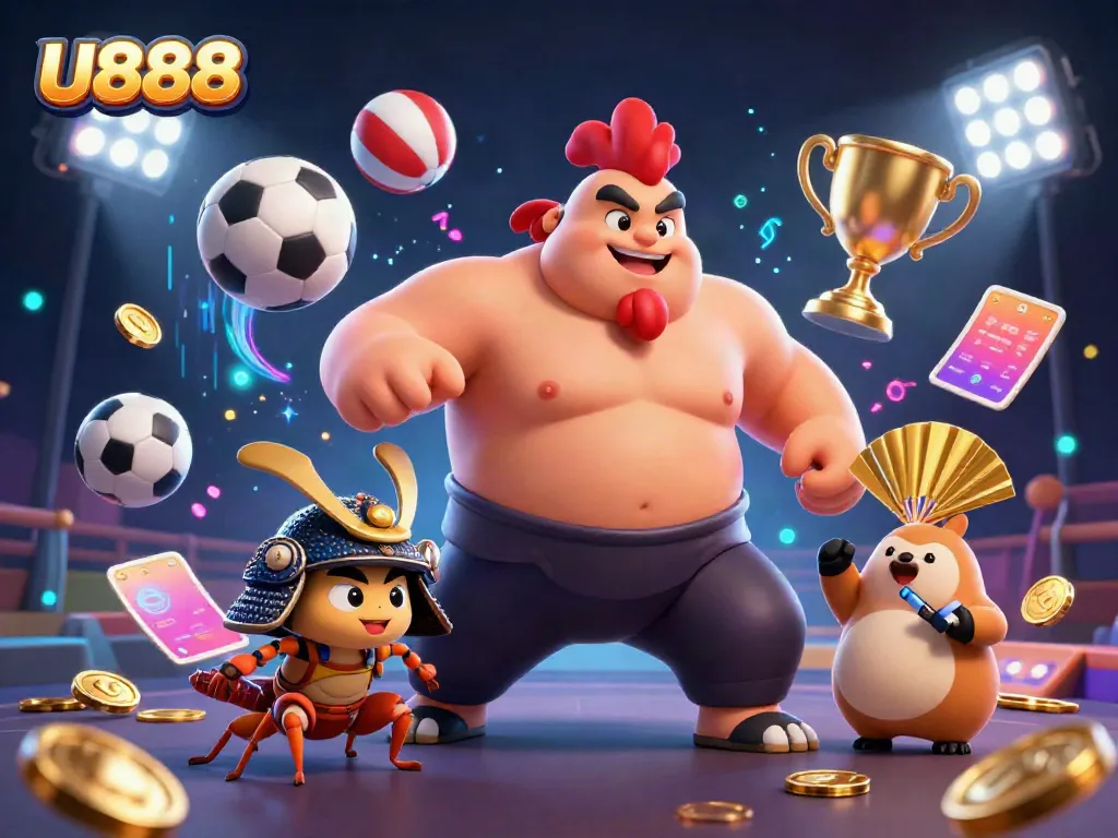 U888 sports theme featuring a sumo wrestler rooster and samurai cricket in an exciting dynamic betting scene.