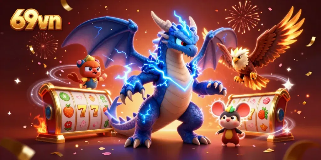 Experience the thrill of 69vn with dynamic slot reels and vibrant characters in an electrifying casino atmosphere.