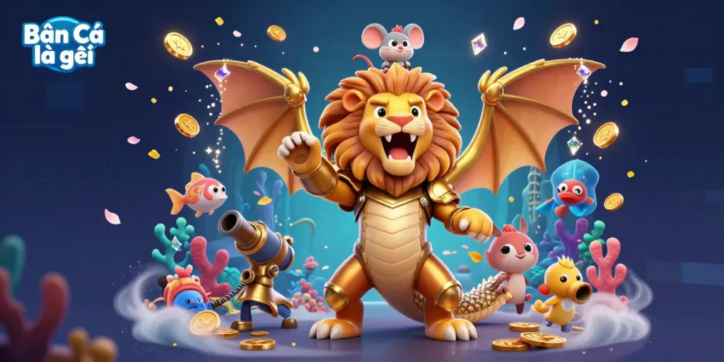 Bắn Cá là gì gameplay illustrated with vibrant underwater elements and a victory scene featuring golden treasures.