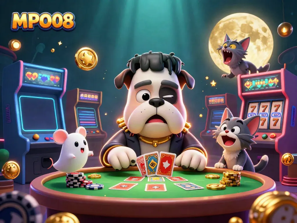 Engage with MPO08 and thrill in a vibrant casino scene featuring a Frankenstein bulldog and more.