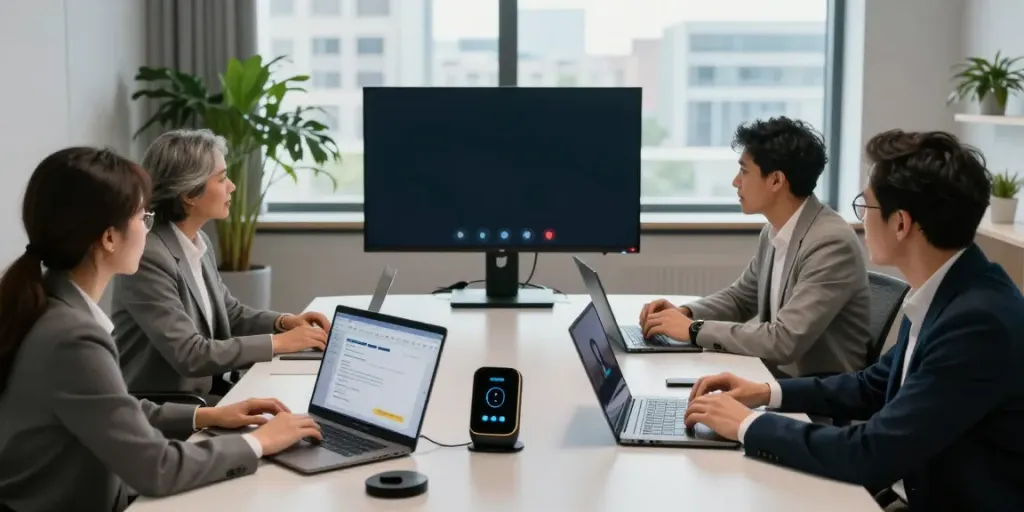 Deepfake protected Conferencing scenario showcasing a secure video meeting environment with advanced security features and diverse participants.
