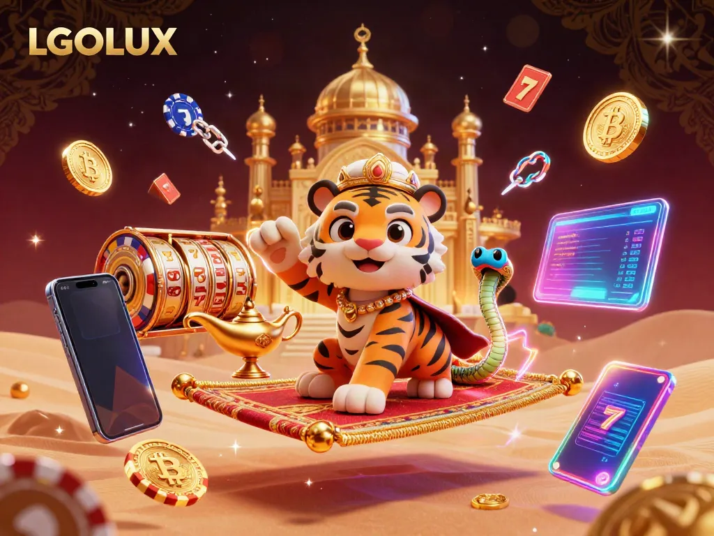 Experience the vibrant LGOLUX casino world with a tiger sultan on a poker chip carpet amid glowing crypto coins and jackpots.