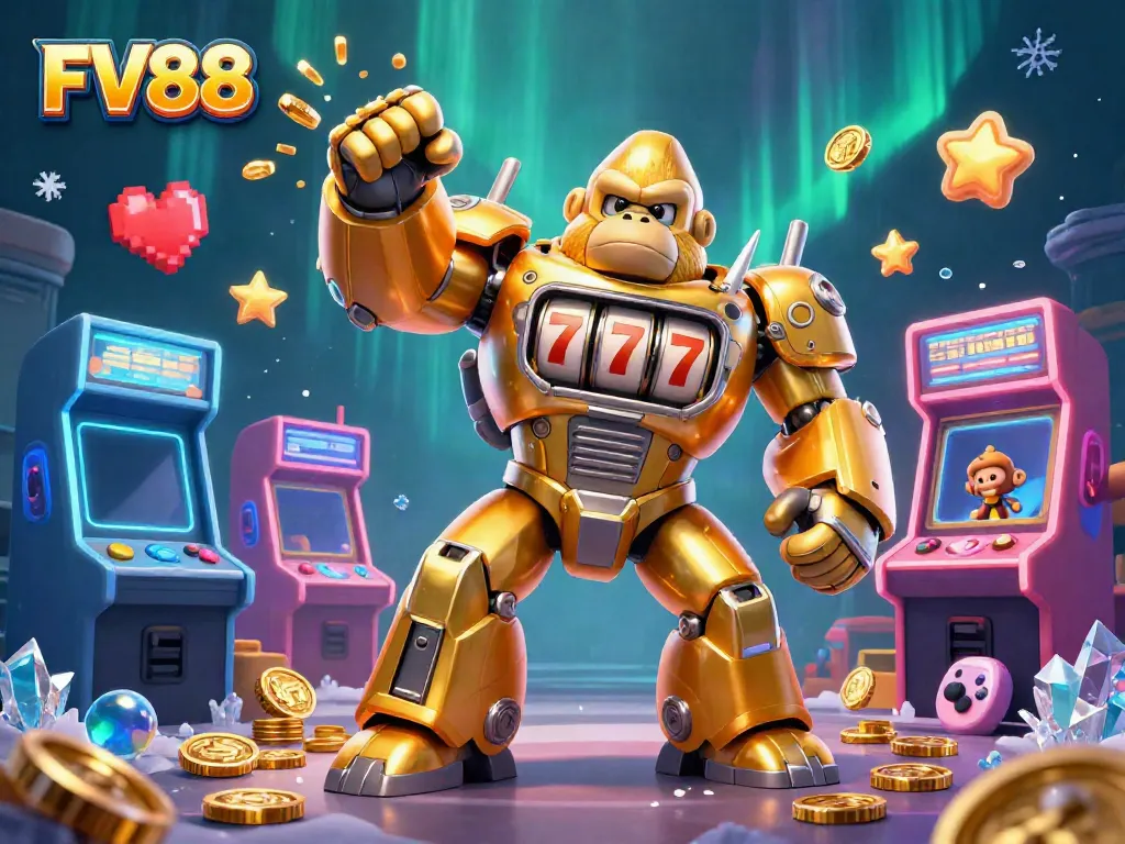Experience FV88's dynamic online gaming with a vibrant golden gorilla mech and arcade elements bursting with excitement.