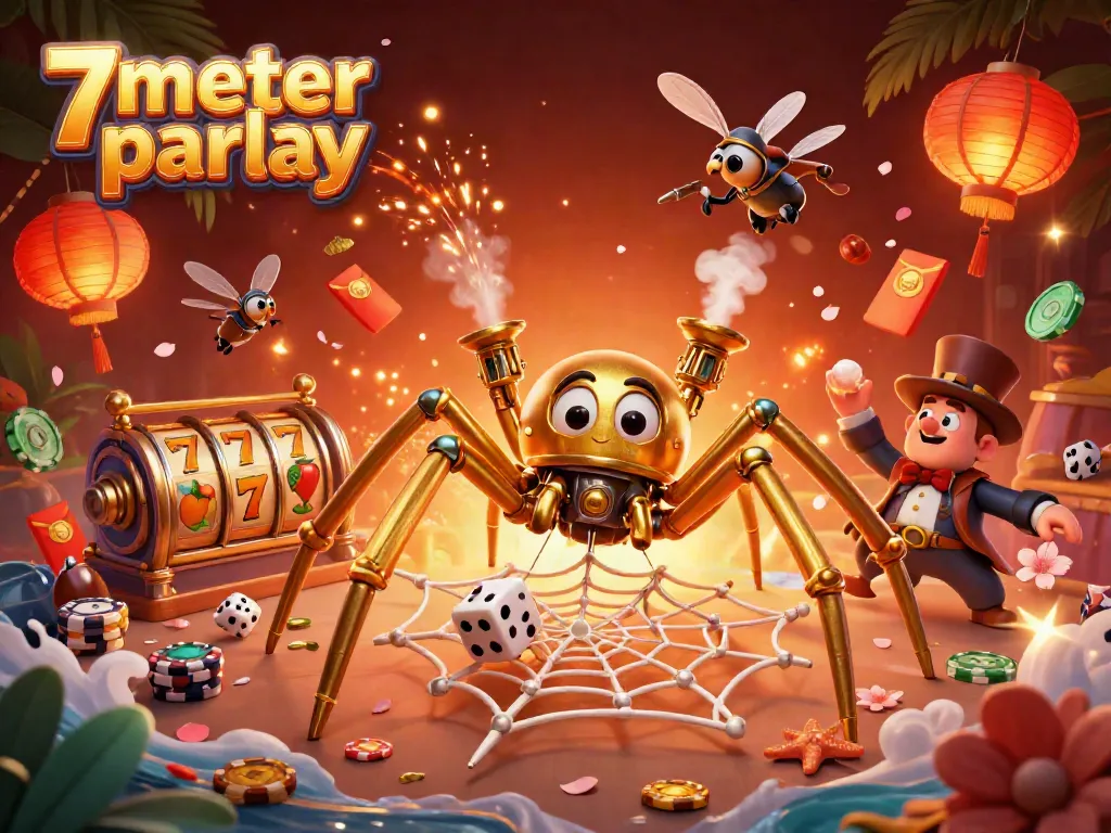Experience the excitement of 7meter parlay with a vibrant 3D illustration featuring a steampunk spider and casino elements.