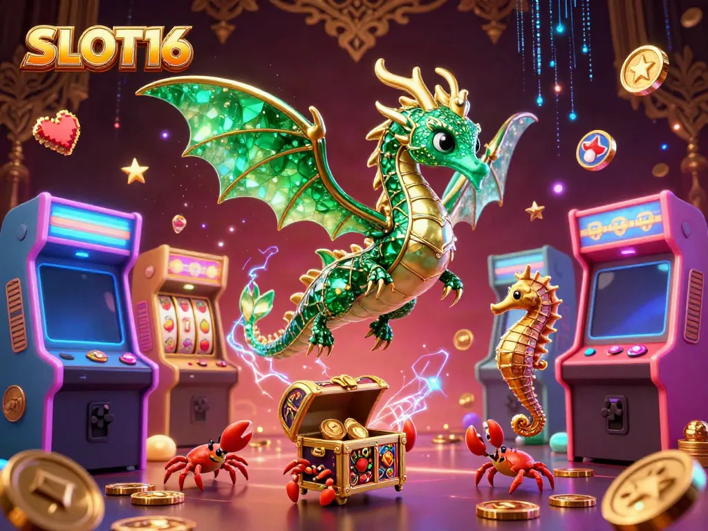 Experience SLOT16's vibrant carnival of slot reels, emerald sea dragons, and dynamic game elements.