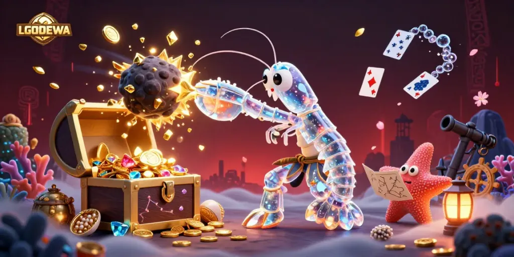 Experience LGODEWA's adventurous gaming journey with a 3D mantis shrimp and treasures exploding in an energetic scene.