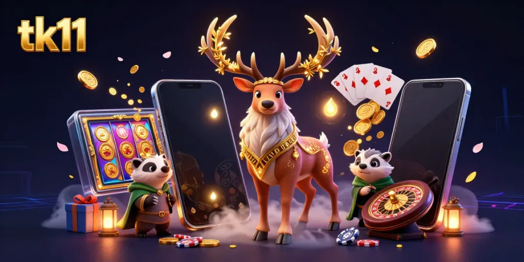 Engage in exciting gameplay with tk11, featuring vibrant characters and a colorful slot game.