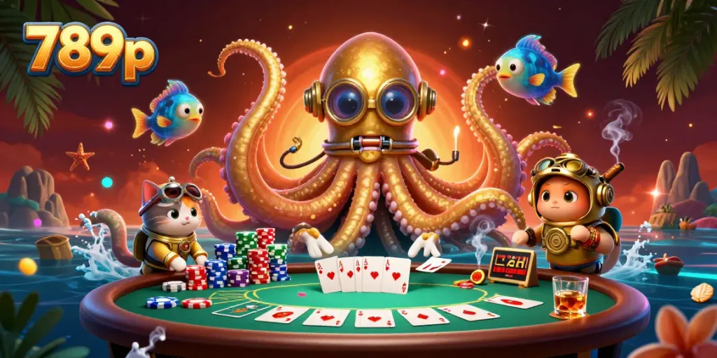 Engage in thrilling gameplay with 789p as the kraken and diving cat explore a treasure-filled casino scene.