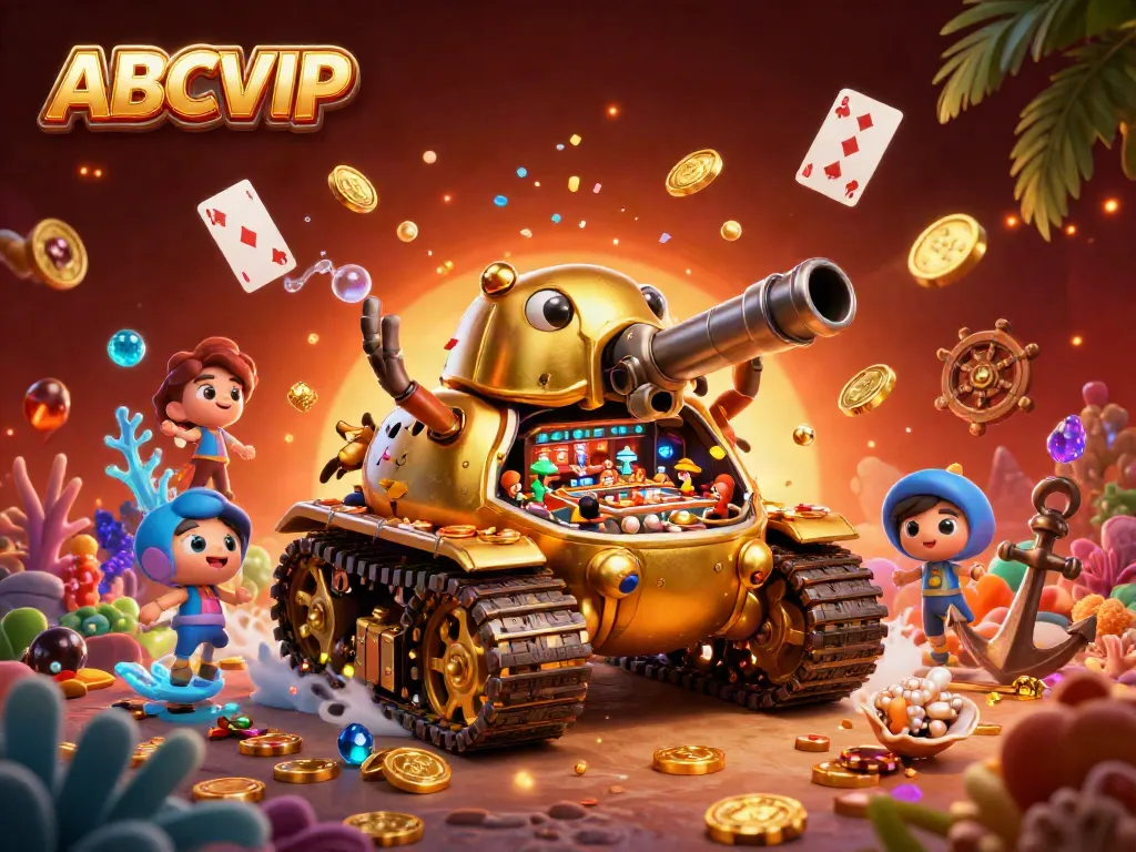 ABCVIP showcases a vibrant casino-themed 3D scene with a golden beetle tank and dynamic game elements, enhancing player engagement.