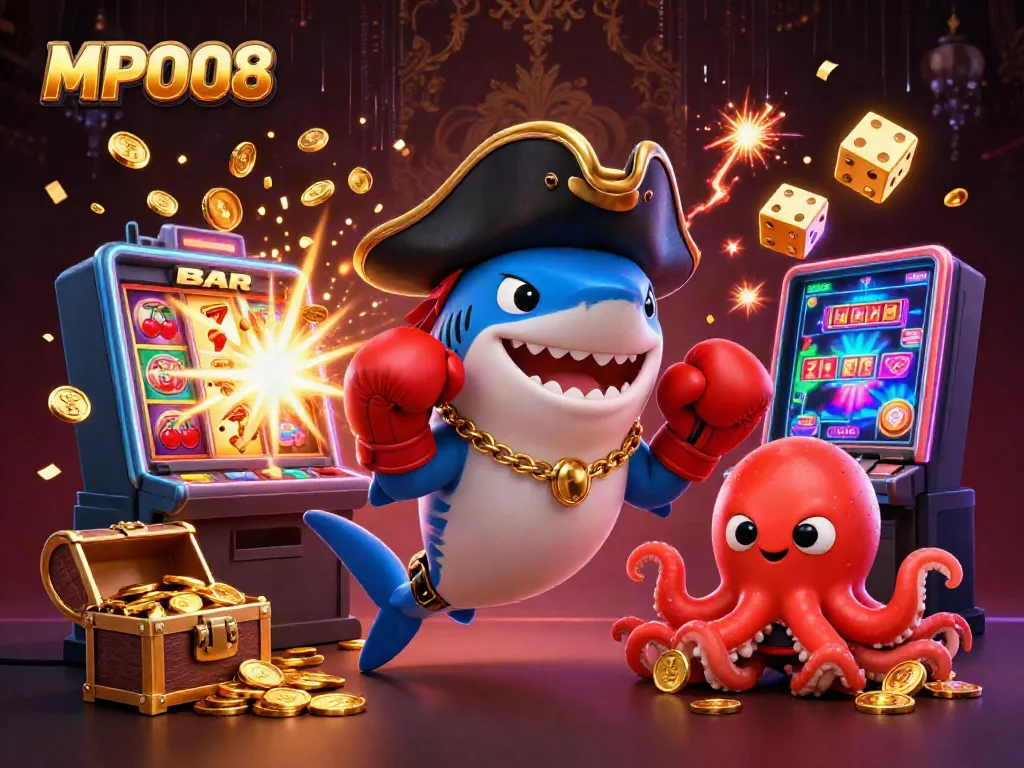 Engage with MPO08 as a colorful online casino scene featuring lively characters and dynamic elements.