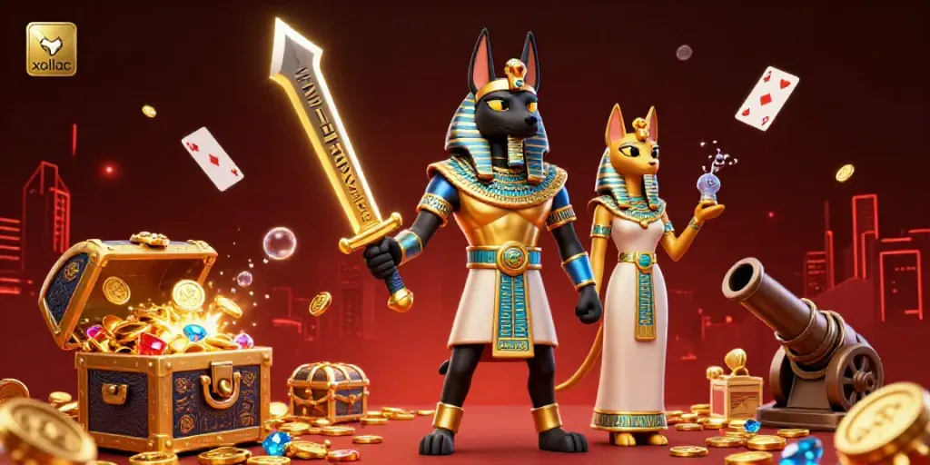 Xoilac offers dynamic casino visuals of Anubis and Bastet amidst glowing hieroglyphs and casino elements.