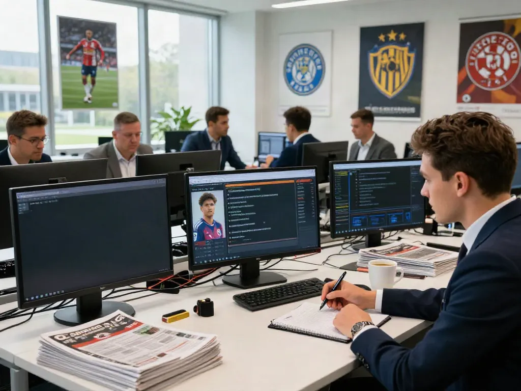 Exciting ข่าวตลาดซื้อขายนักเตะ scene with journalists covering live football transfers in 2026.
