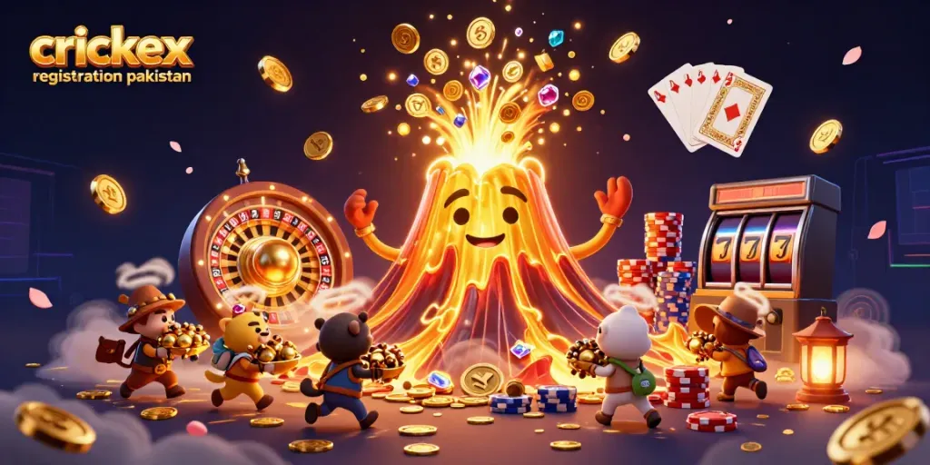 Engaging scene showcasing crickex registration pakistan with a triumphant volcano amid treasures in a lively casino atmosphere.