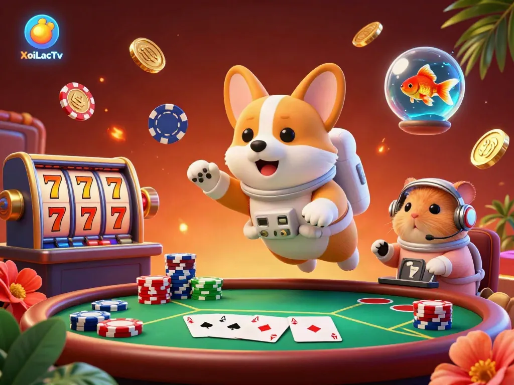 Experience XoiLacTv in a vibrant space casino scene with floating poker chips and characters.