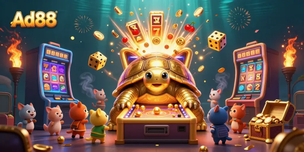 Ad88 offers an exciting casino experience with vibrant elements including a jackpot slot and animated characters.