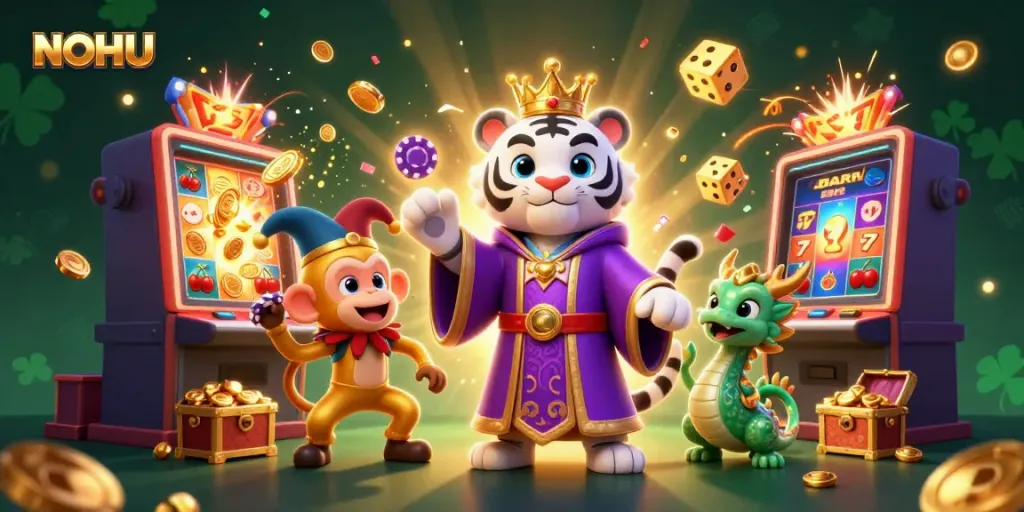 Engaging 3D illustration of NOHU's captivating casino universe featuring a regal tiger, playful monkey, and vibrant slot machines.