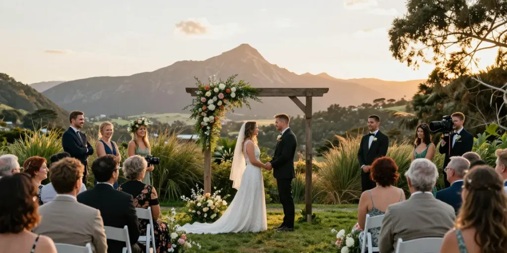 Documentary wedding photographer in Dunedin capturing a couple's vows during sunset.