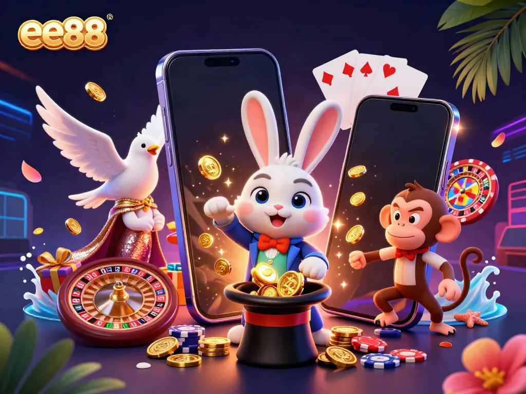 Experience the thrill of ee88 as a cartoon magician rabbit pulls golden coins alongside a dove and monkey in a vibrant casino scene.