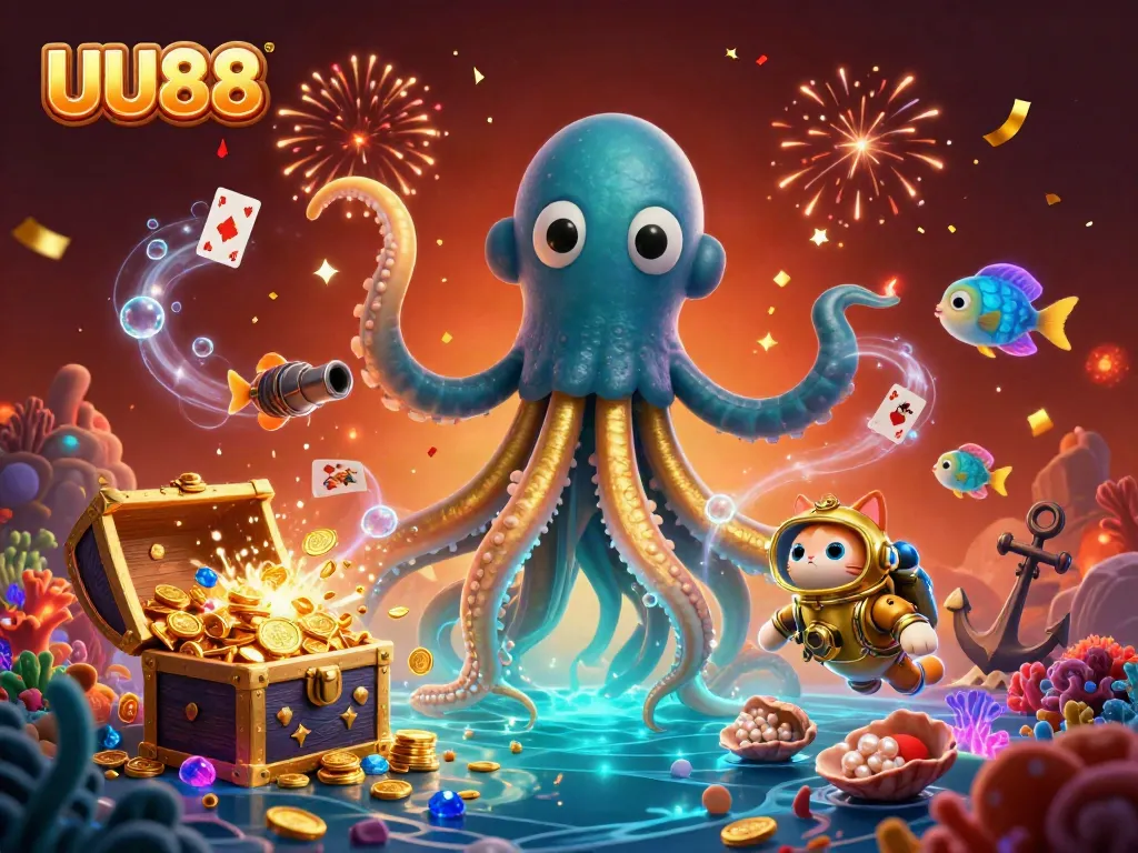 Experience the excitement of UU88 with a kraken and diving cat in an enchanting treasure-filled underwater scene.