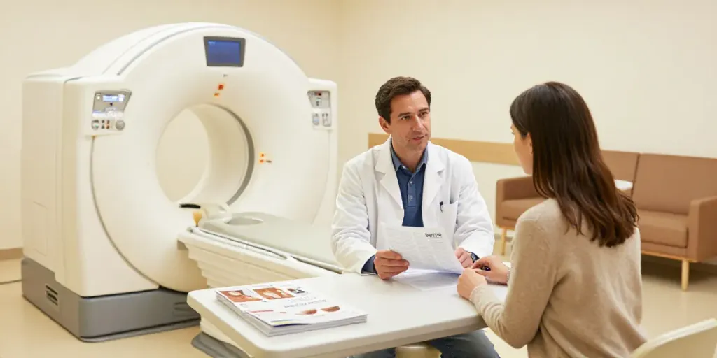 Moderne Radiologie Wolfsburg: Ärztin erklärt Diagnose in freundlicher Atmosphäre.